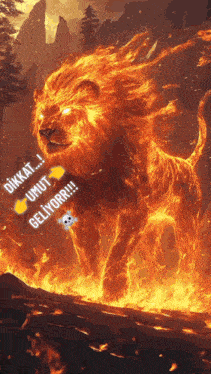 a lion is surrounded by flames and says dikkat umut geliyorr !!