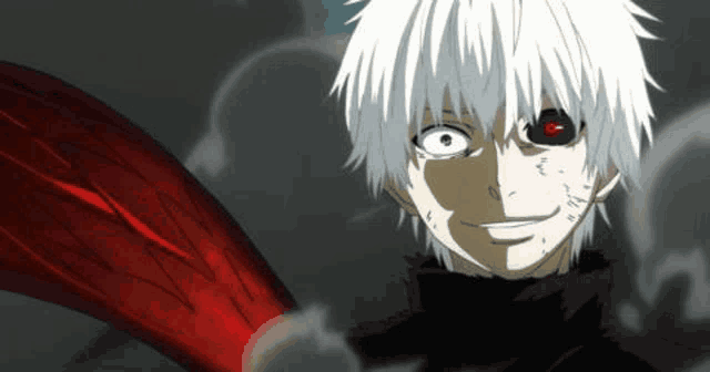 a close up of a person with white hair and red eyes holding a red tail .