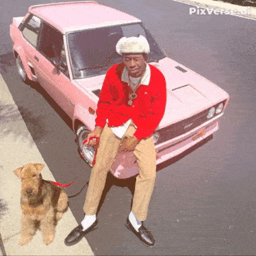 a man standing next to a pink car with pixverse.ai on the bottom right