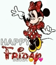 minnie mouse is wearing a red dress with polka dots and is waving .