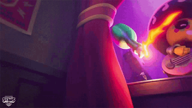 a cartoon character is holding a bottle with a firework coming out of it