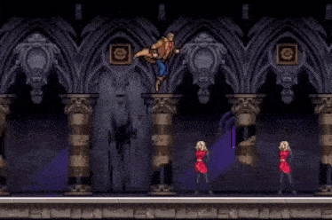 a video game scene with a man riding a horse and two women in red