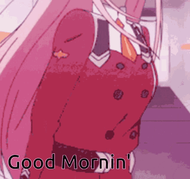 a picture of a girl with pink hair and the words good morning