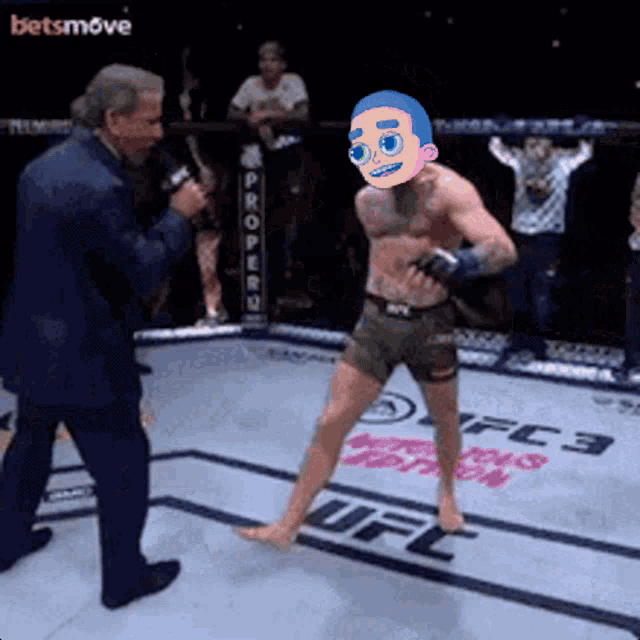 a man in a suit talks into a microphone while a cartoon character stands in a boxing ring