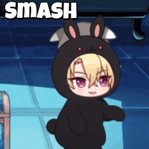 a cartoon character wearing a black bunny costume with the word smash behind him