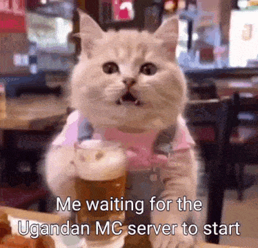 a cat is sitting at a table with a glass of beer in its hand .
