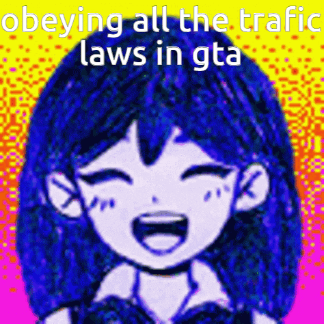 a girl with blue hair is smiling and obeying all the traffic laws in grand theft auto .