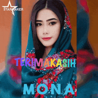 a woman with a scarf around her head and the words terima kasih mona on the bottom