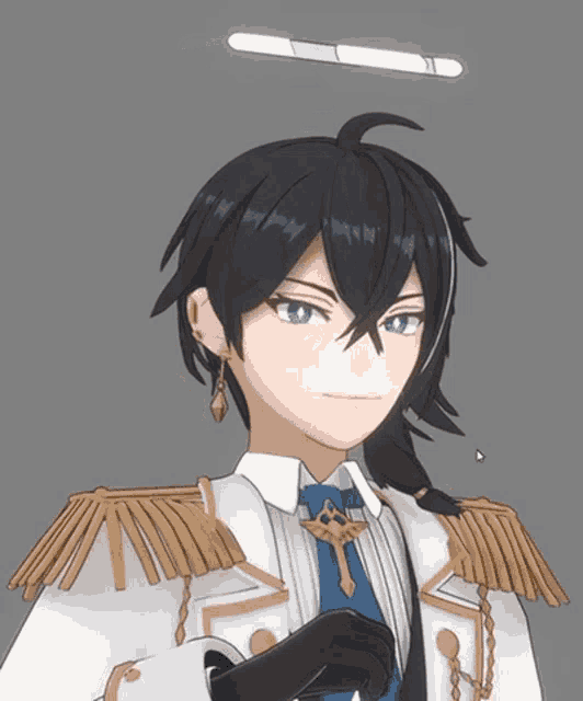 a cartoon character with black hair and blue eyes is wearing a white and gold uniform