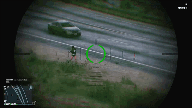 a screen shot of a video game shows a sniper aiming at a woman