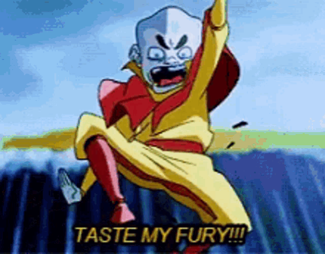 a cartoon character is jumping in the air and says taste my fury !!!