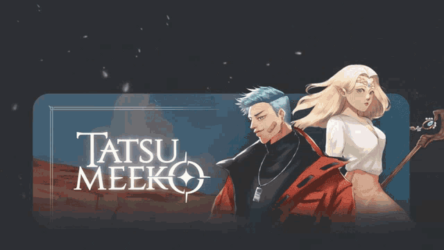 a poster for a game called tatsu meeko with a man and a woman