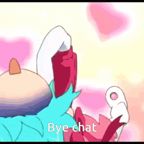 a cartoon character says bye chat in a pink and white background