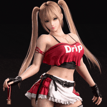 a girl with pigtails is wearing a red top that says drip on it