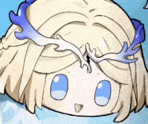 a close up of a cartoon character 's head with a blue and white horn .