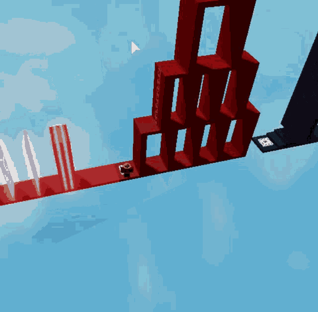 a screenshot of a video game shows a red bridge with a white arrow pointing to the right