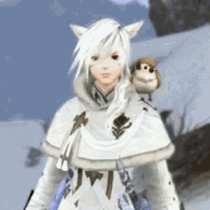 a girl with white hair and a small bird on her shoulder