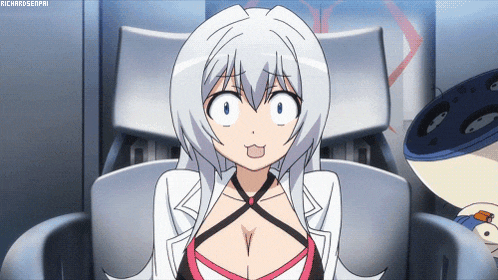 a girl with white hair and a very large breast is sitting in a chair and making a surprised face