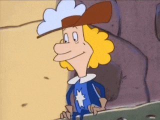 a cartoon character wearing a hat and a blue outfit