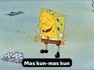 spongebob squarepants is standing in the sand with his eyes closed and smiling in a cartoon .