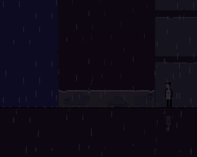 a pixel art drawing of a man in a blue shirt standing in the rain