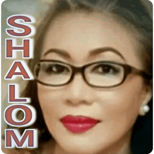 a woman wearing glasses with the word shalom on the bottom