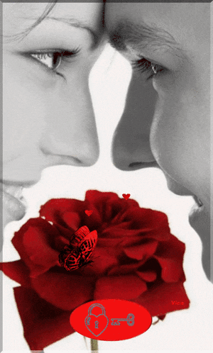 a man and a woman are looking at each other with a red rose in front of them