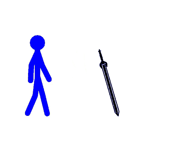 a blue stick figure is holding a large sword