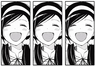a black and white drawing of a girl laughing with three different facial expressions .