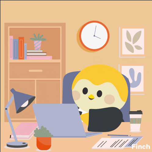 a cartoon penguin sits at a desk with a laptop