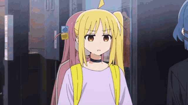 a girl with blonde hair is wearing a choker and a purple shirt