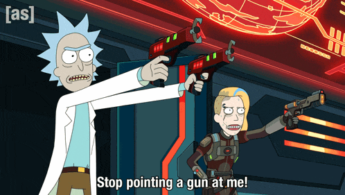 a cartoon of rick and morty with the caption stop pointing a gun at me