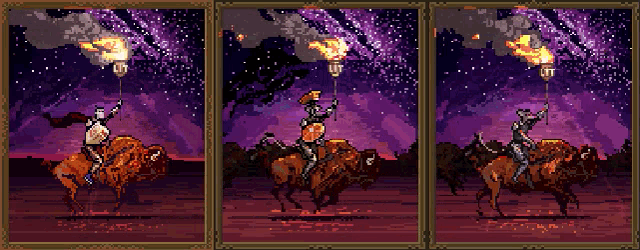 a pixel art of a cowboy riding a bison with a balloon that says ut on it