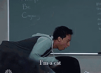 a man is kneeling down in front of a blackboard in a classroom and saying i 'm a cat .