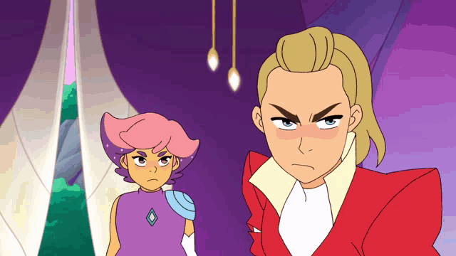 a couple of cartoon characters standing next to each other with one making a serious face