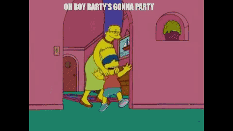 bart simpson is blindfolded by a woman in a cartoon with the caption oh boy bart 's gonna party