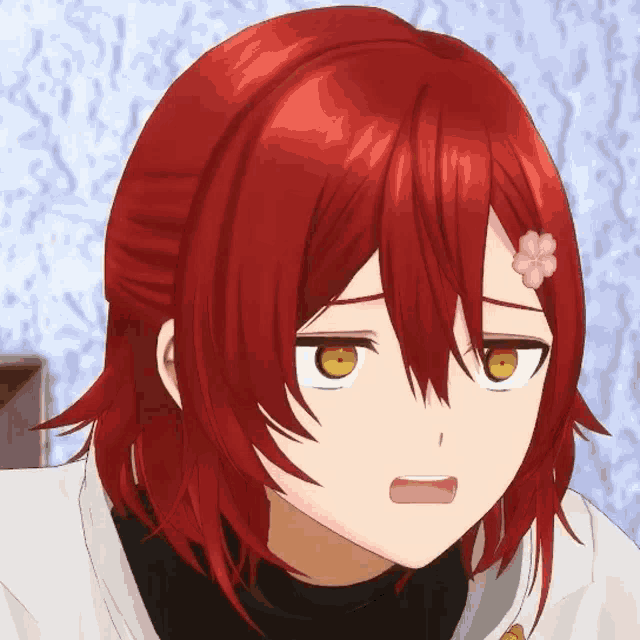 a close up of a red haired anime character with a flower on her head