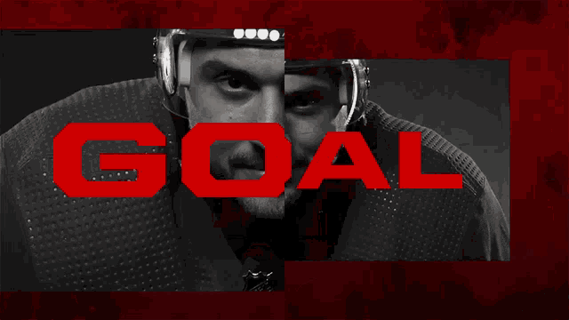a black and white photo of a hockey player with the word goal in white