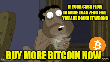 a cartoon of a man looking at a cell phone with the words buy more bitcoin now below him