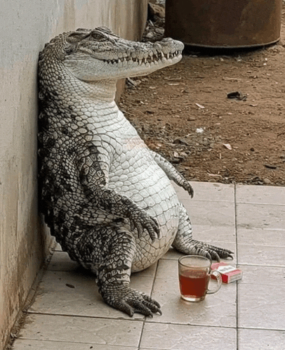 a crocodile leaning against a wall next to a cup of tea and a pack of cigarettes