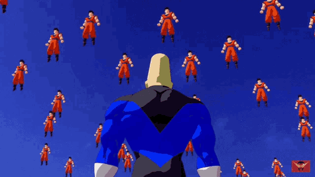 a man in a blue suit stands in front of a blue sky with a bunch of red cartoon characters flying around him
