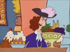 a cartoon of a man in a hat holding a bowl of fruit
