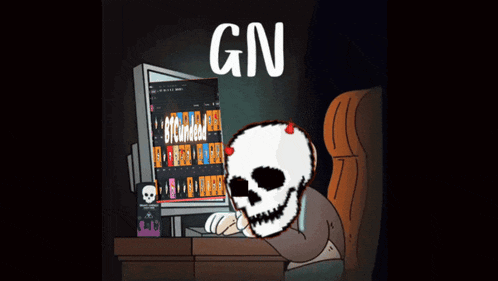 a cartoon drawing of a skull looking at a computer screen with the word gn above it