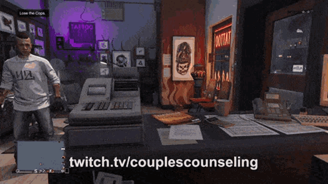 a man is standing in front of a cash register in a video game with the words twitch.tv/couplescounseling on the bottom
