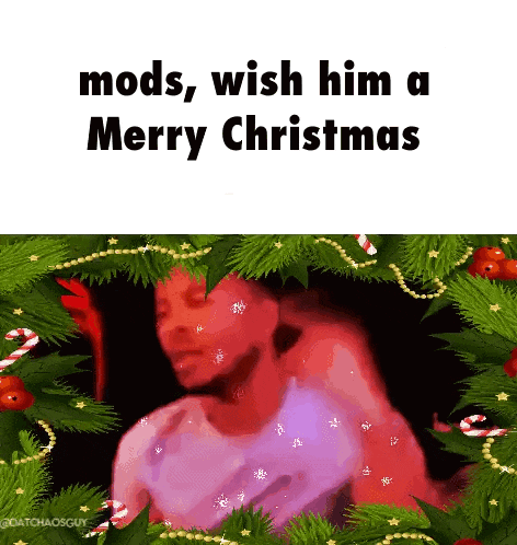 a christmas card with a picture of a person and the words mods wish him a merry christmas on it