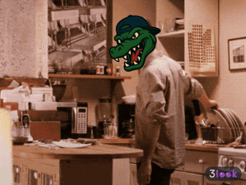 a man is washing dishes in a kitchen with a 3look logo on the bottom right
