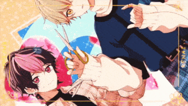 a couple of anime characters are holding scissors and one of them has pink hair