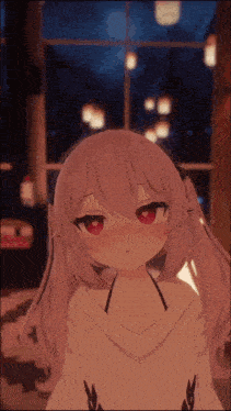 a girl with pink hair and red eyes is looking at the camera