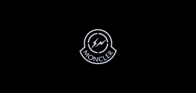 the logo for moncler is black and white and has a lightning bolt in the center .
