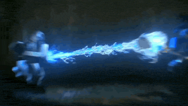 a blue lightning bolt is coming out of the ground in the dark